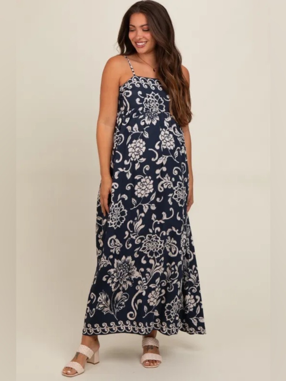 TCEC Navy & White Floral Maxi Dress w/ Spaghetti Straps